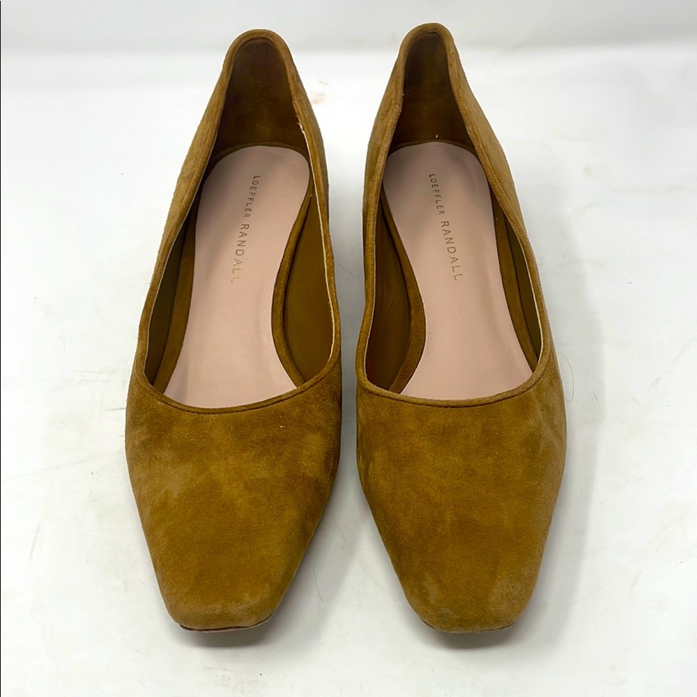 Loeffler Randall Tan Suede Square Toe Low Block Heels Size 8 B